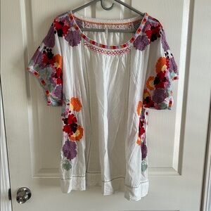 Anthropologie White Blouse with Multicolor Floral Embroidery